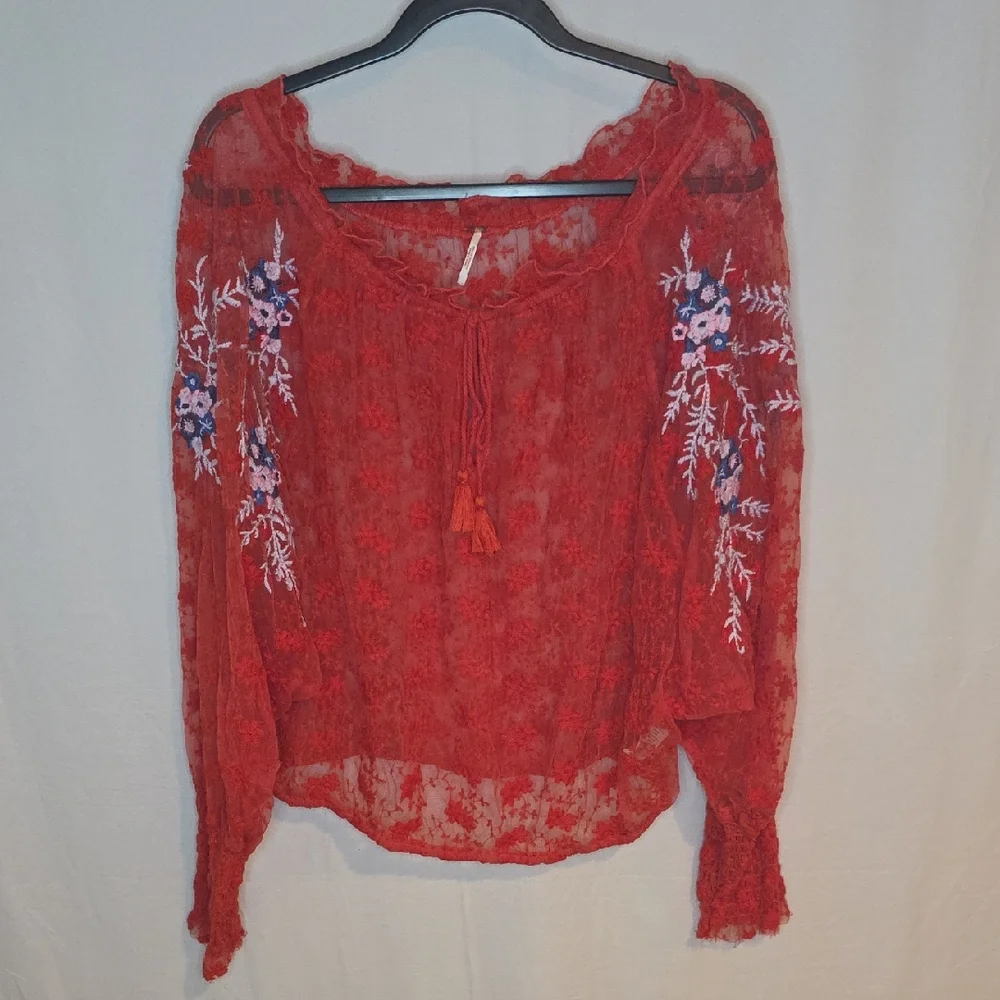 Free People Red Sheer Embroidered Blouse - Picture 1 of 3